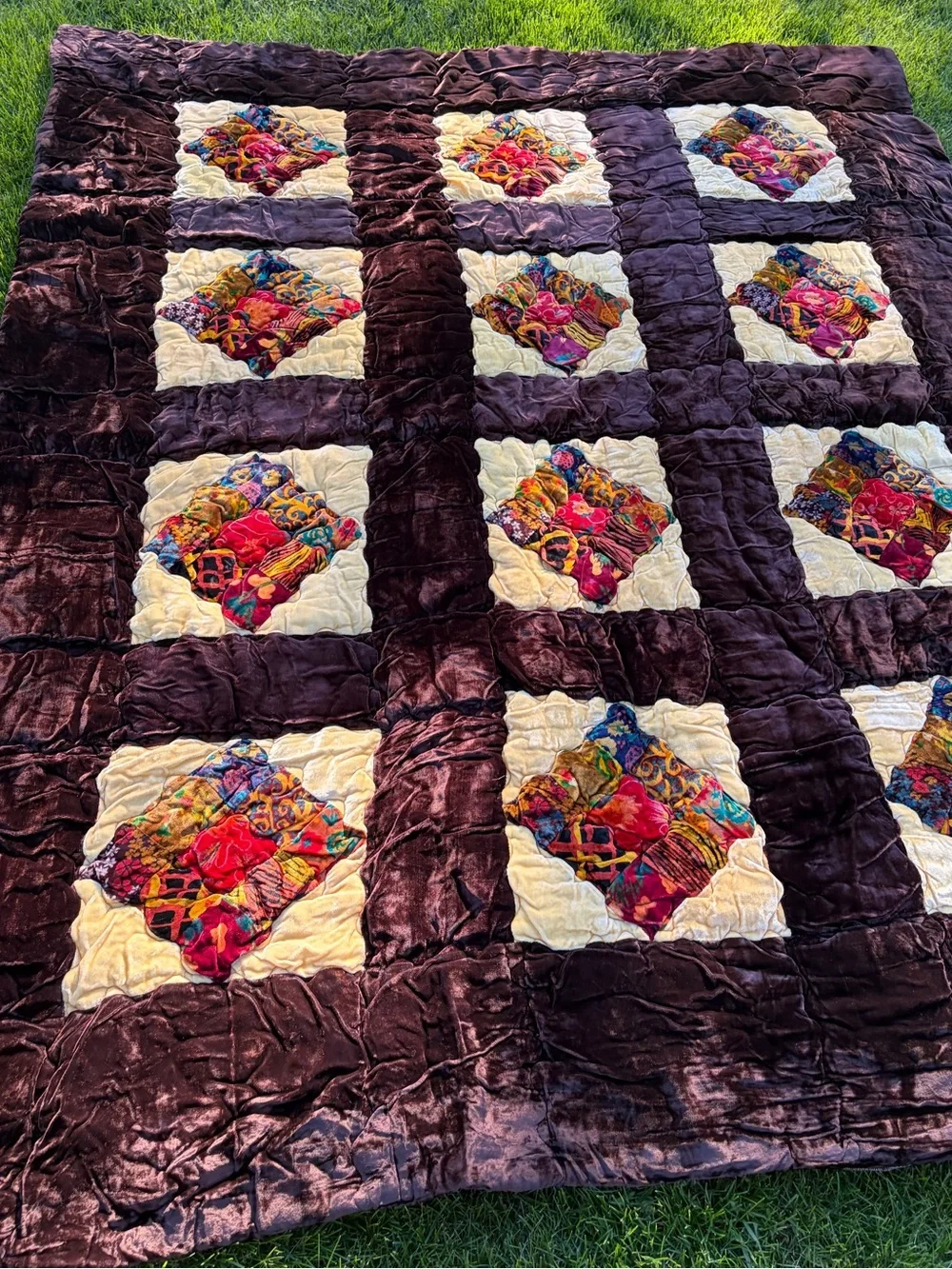Vintage 70s 1970 patchwork quilted velvet velour quilt comforter blanket boho